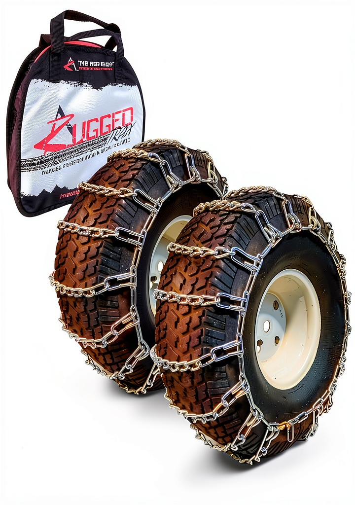 Tire chains on a lawn mower