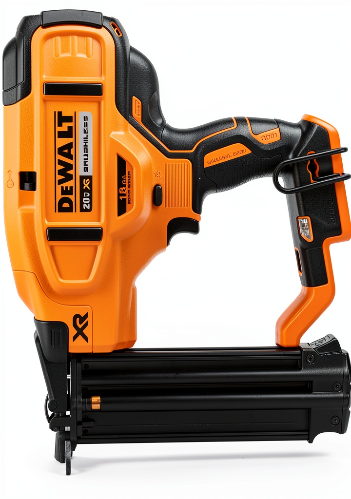 Dewalt DCN680B brad nailer being used on a wooden trim piece in a bright workshop