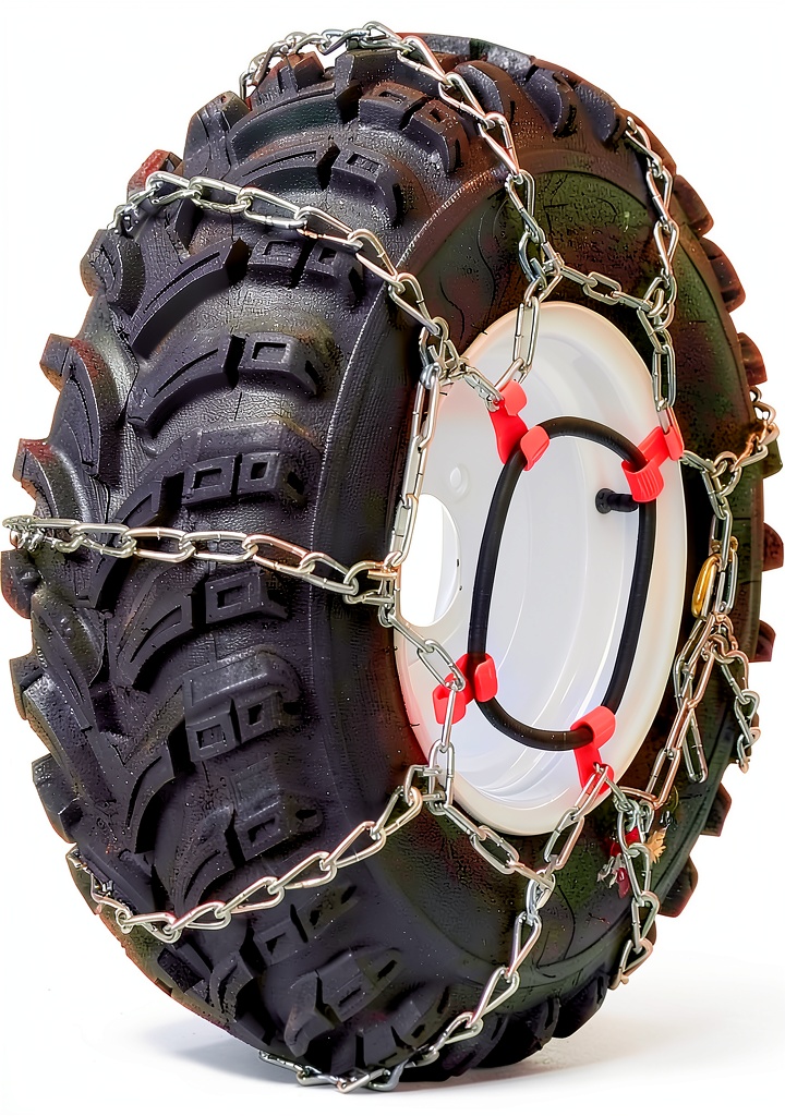 Installing Grizzlar Snow Chains for Turf Tires on a wooden desk