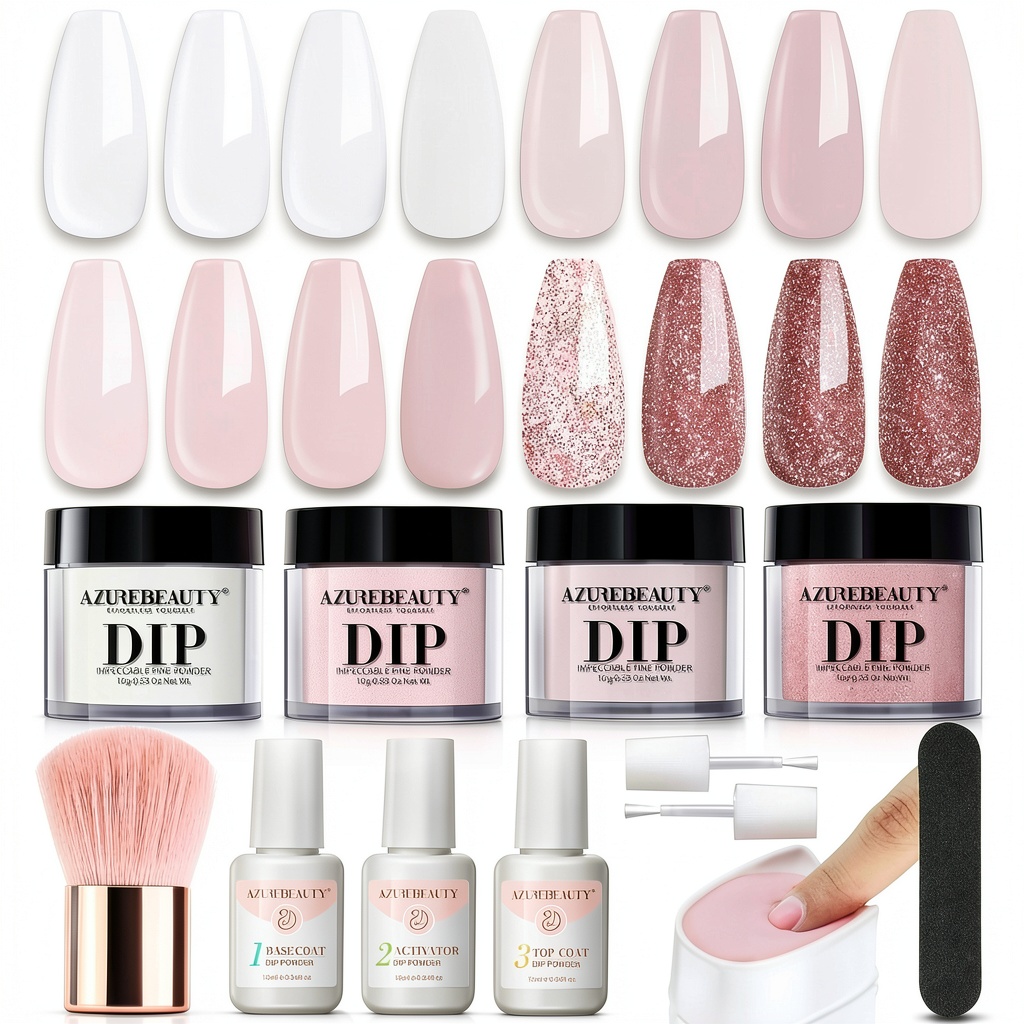 Installing AzureBeauty Dip Powder Nail Kit Long Lasting on a wooden desk
