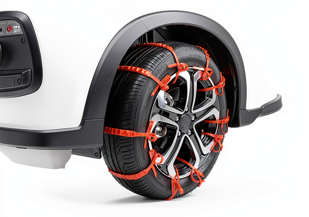 Reusable Tire Chains in use on a snowy road