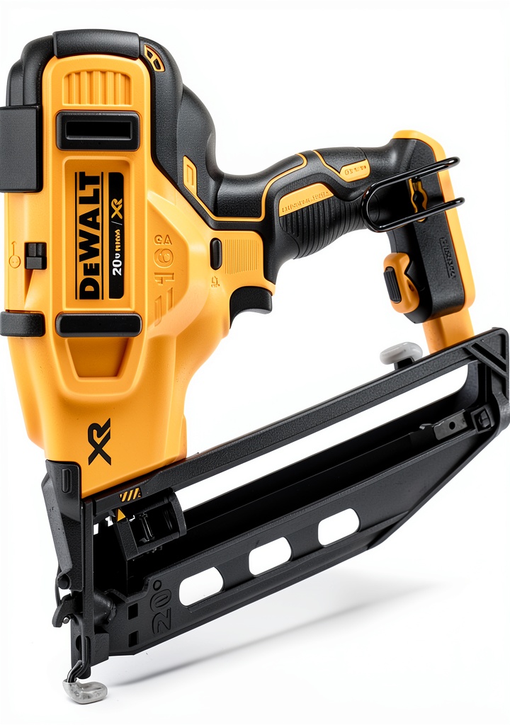 Carpenter using cordless finish nailer on crown molding